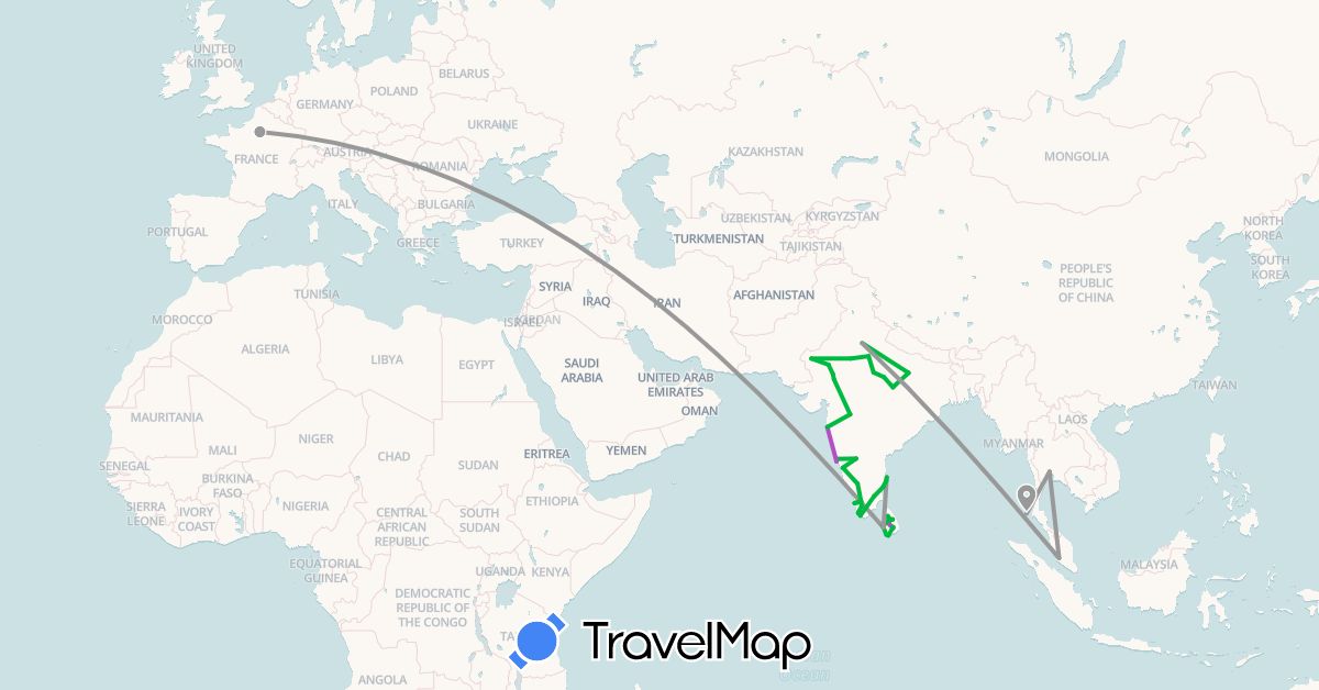 TravelMap itinerary: driving, bus, plane, train in France, India, Sri Lanka, Malaysia, Thailand (Asia, Europe)
